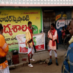 Street play advertising team performing in a public market, engaging a large audience with live storytelling