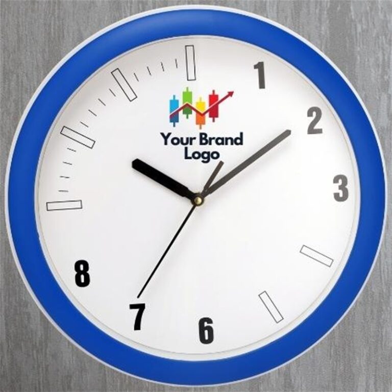 Wall clock Custom-branded plastic wall clocks with company logo.