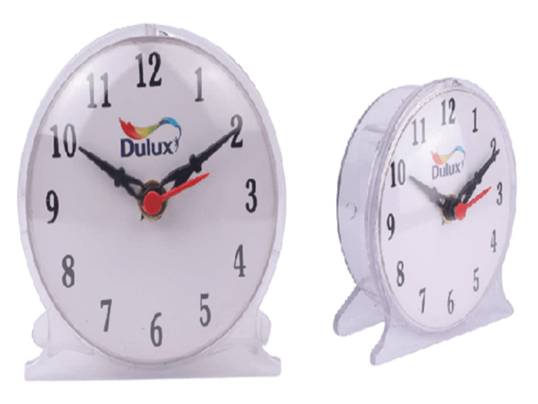 Table Clocks Custom-branded plastic table clocks with company logo.