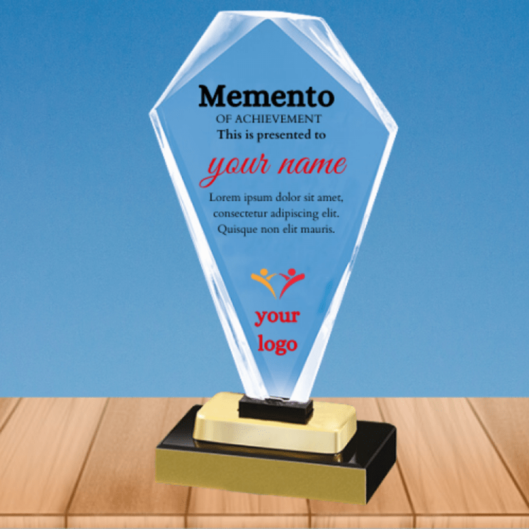 Mementos Elegant crystal mementos with engraved company logo and award title.